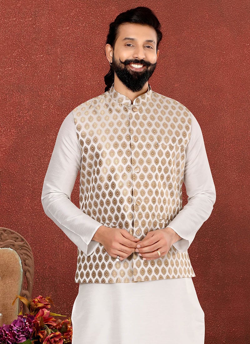 White Silk Jacquard Nehru jacket