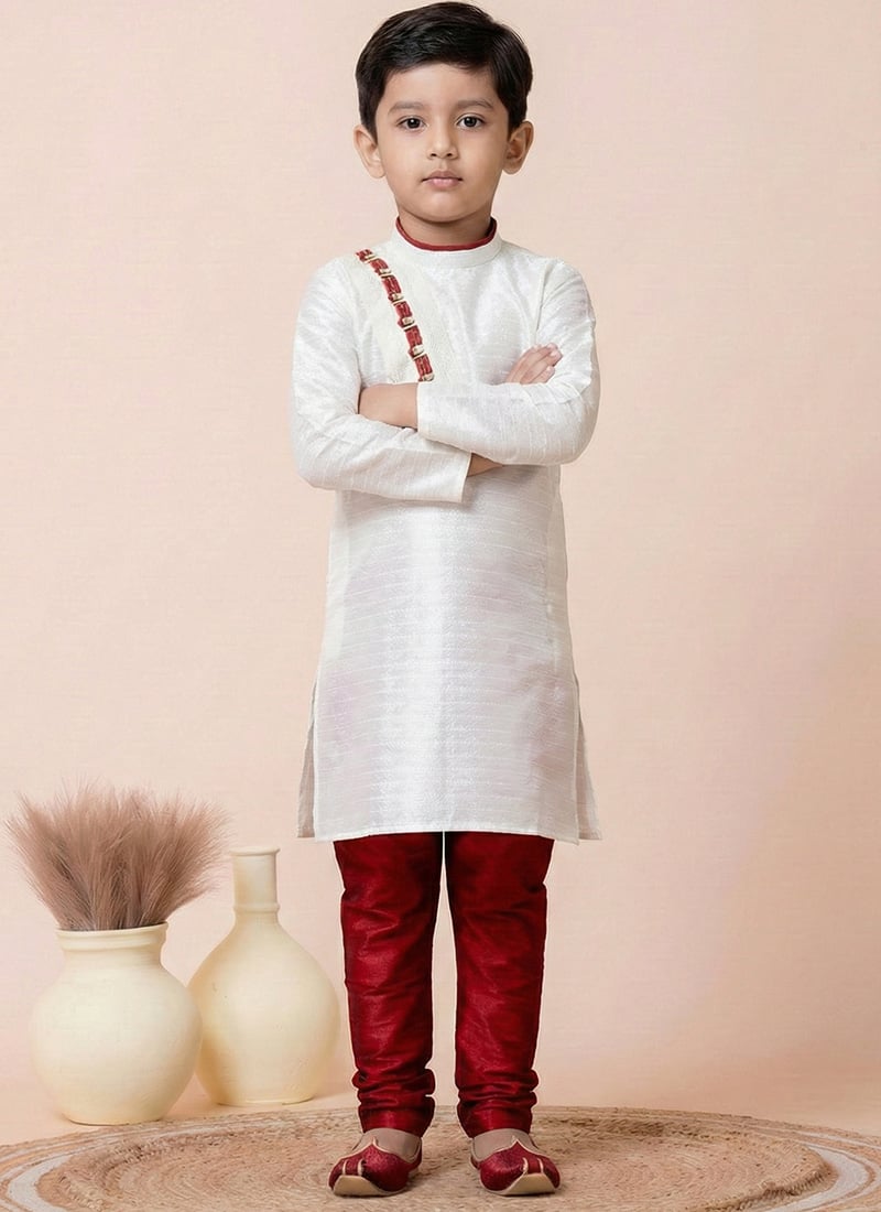 White Silk Kids Boys Kurta Pyjama Festive Wear