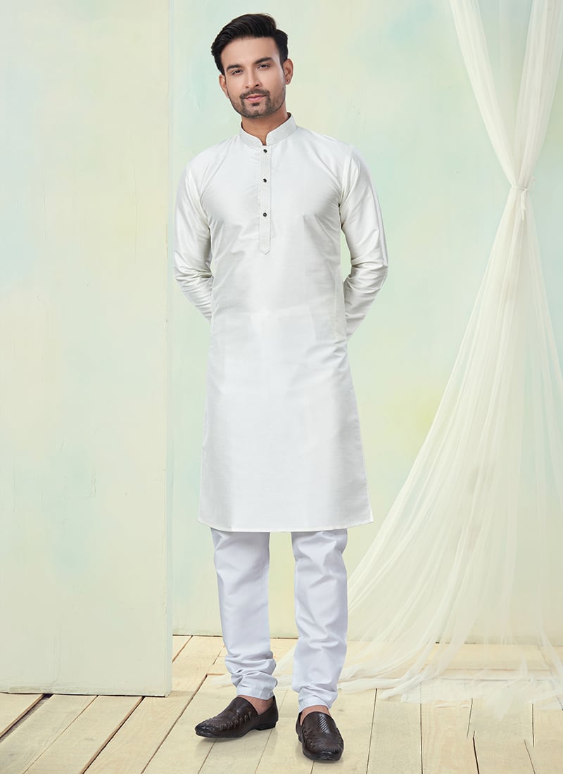 White Silk Kurta Pyjama For Men