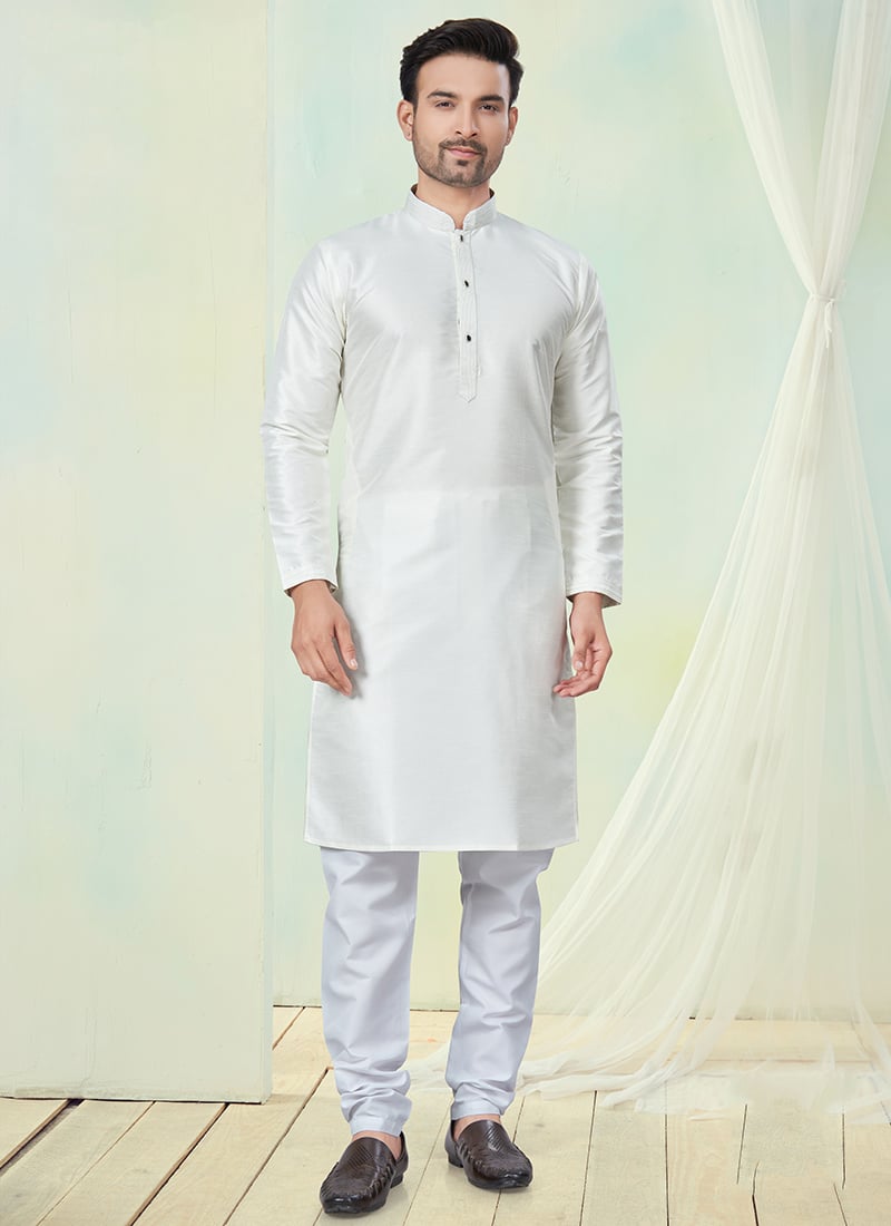 White Silk Kurta Pyjama Festive Wear