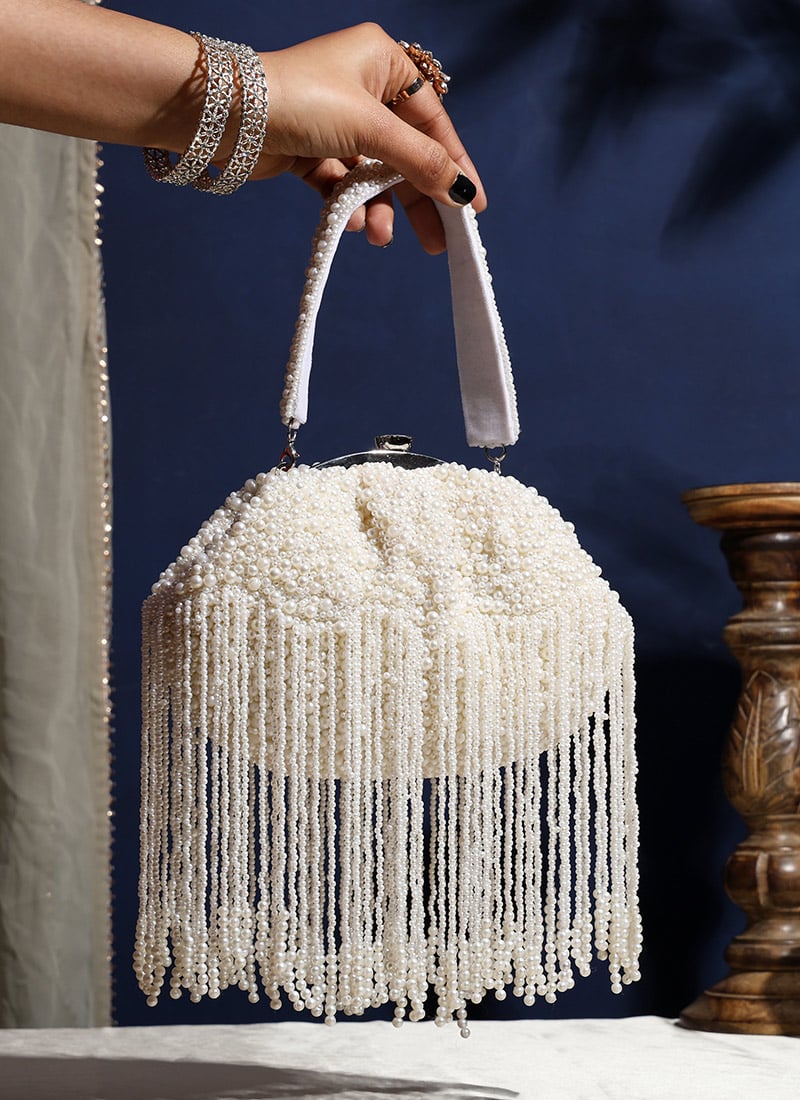 White Silk Moti Clutch Party Wear