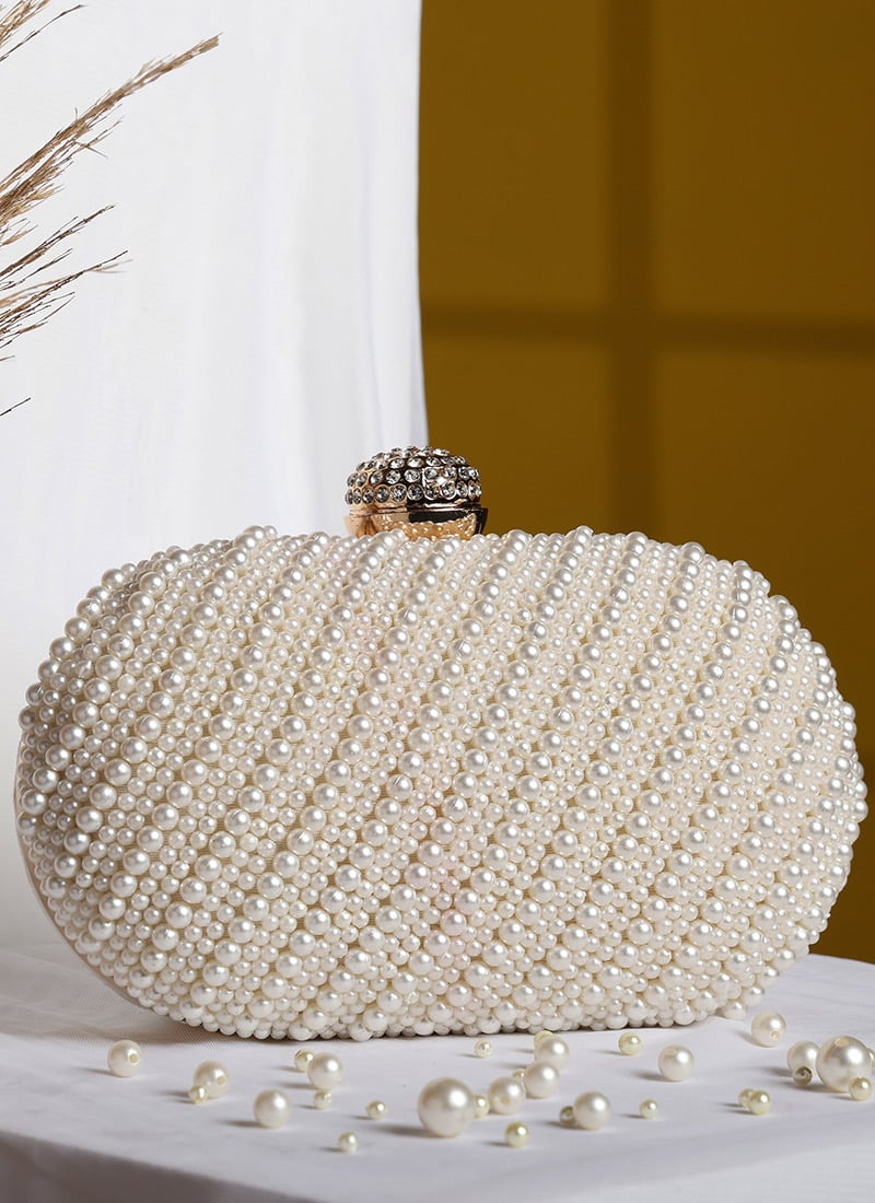 White Silk Moti Clutch Party Wear
