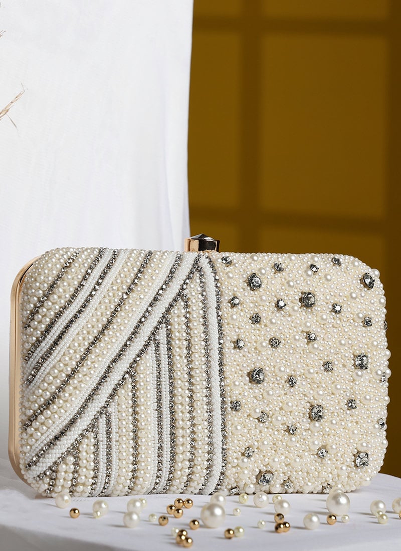 White Silk Moti Stones Clutch Party Wear