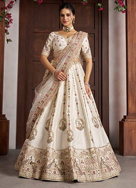 White Silk Peacock Embroidered Lehenga