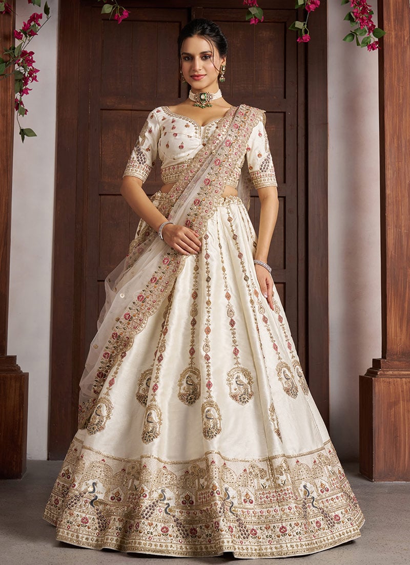 White Silk Peacock Embroidered Lehenga Wedding Wear