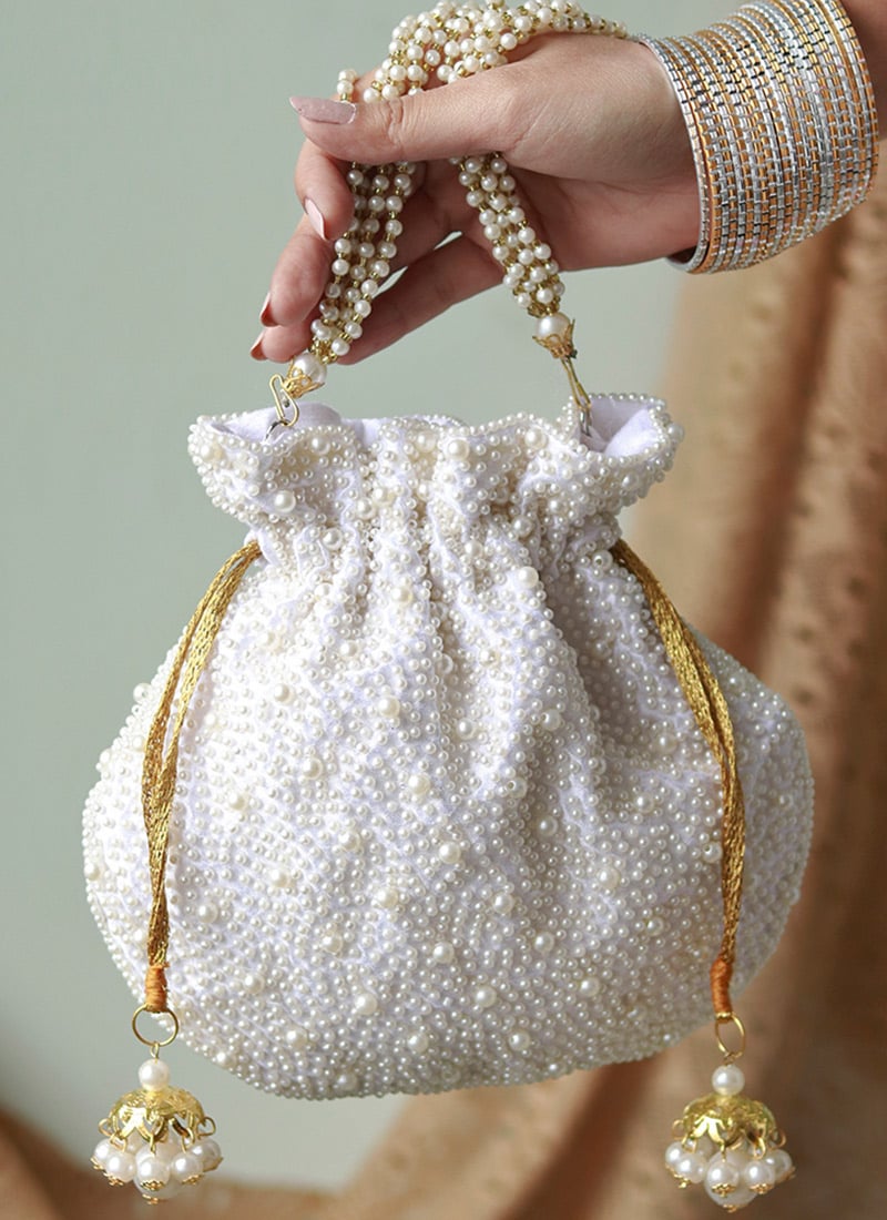 White Silk Potli Embossed With Beads And Moti Party Wear