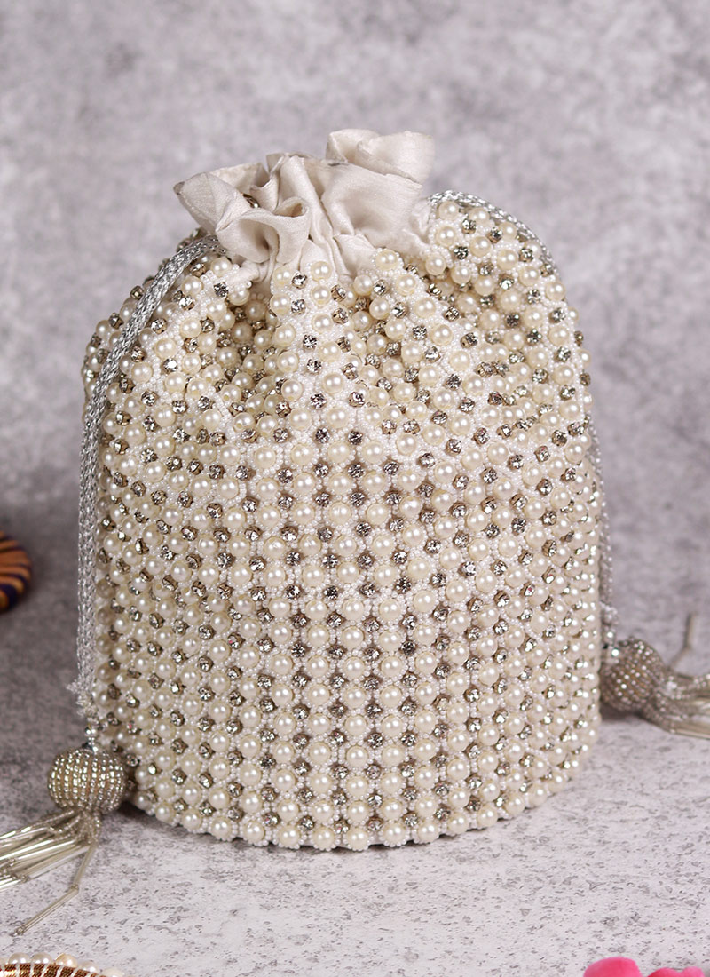 White Silk Potli Embossed With Stones And Moti Party Wear