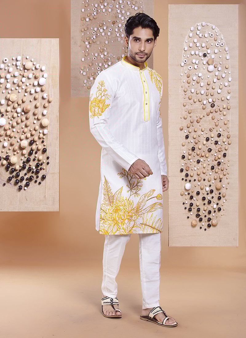 White Silk Printed Embroidered Kurta Pyjama Festive Wear