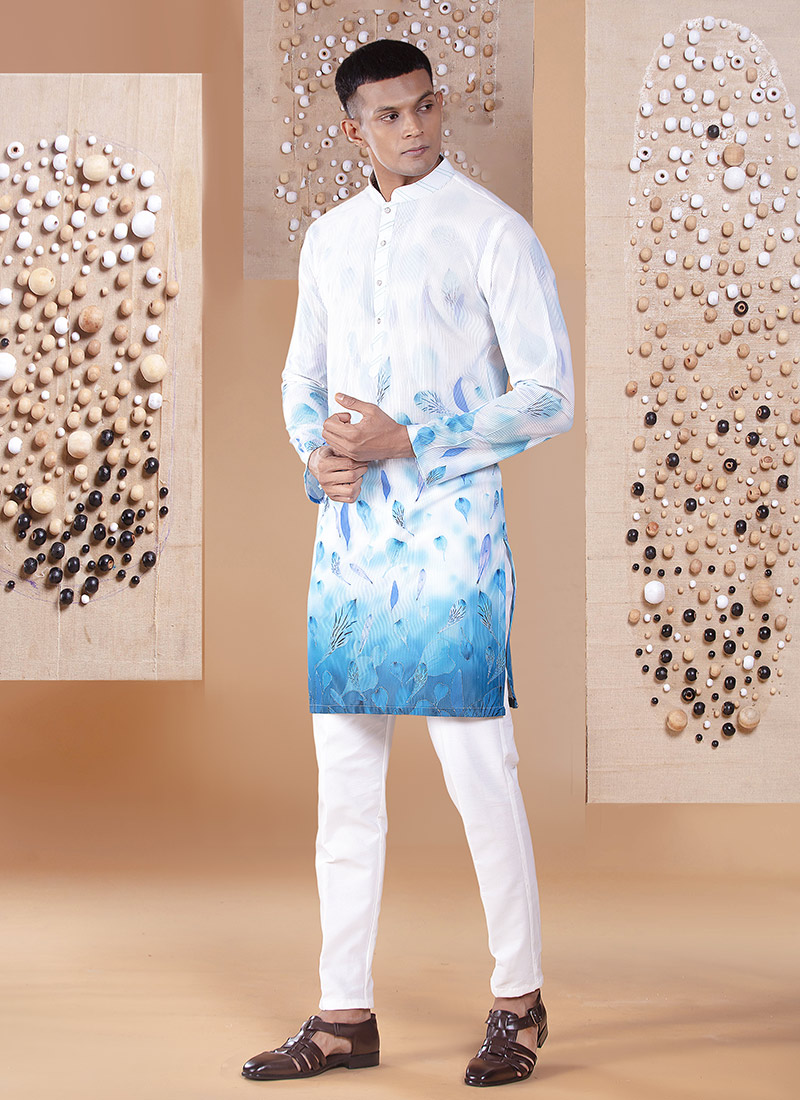 White Silk Printed Embroidered Kurta Pyjama