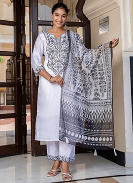 White Silk Printed Embroidered Sequins Straight Pant Suit