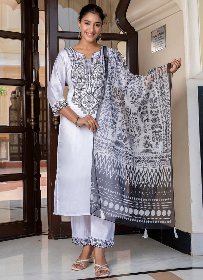 White Silk Printed Embroidered Sequins Straight Pant Suit After Six Wear