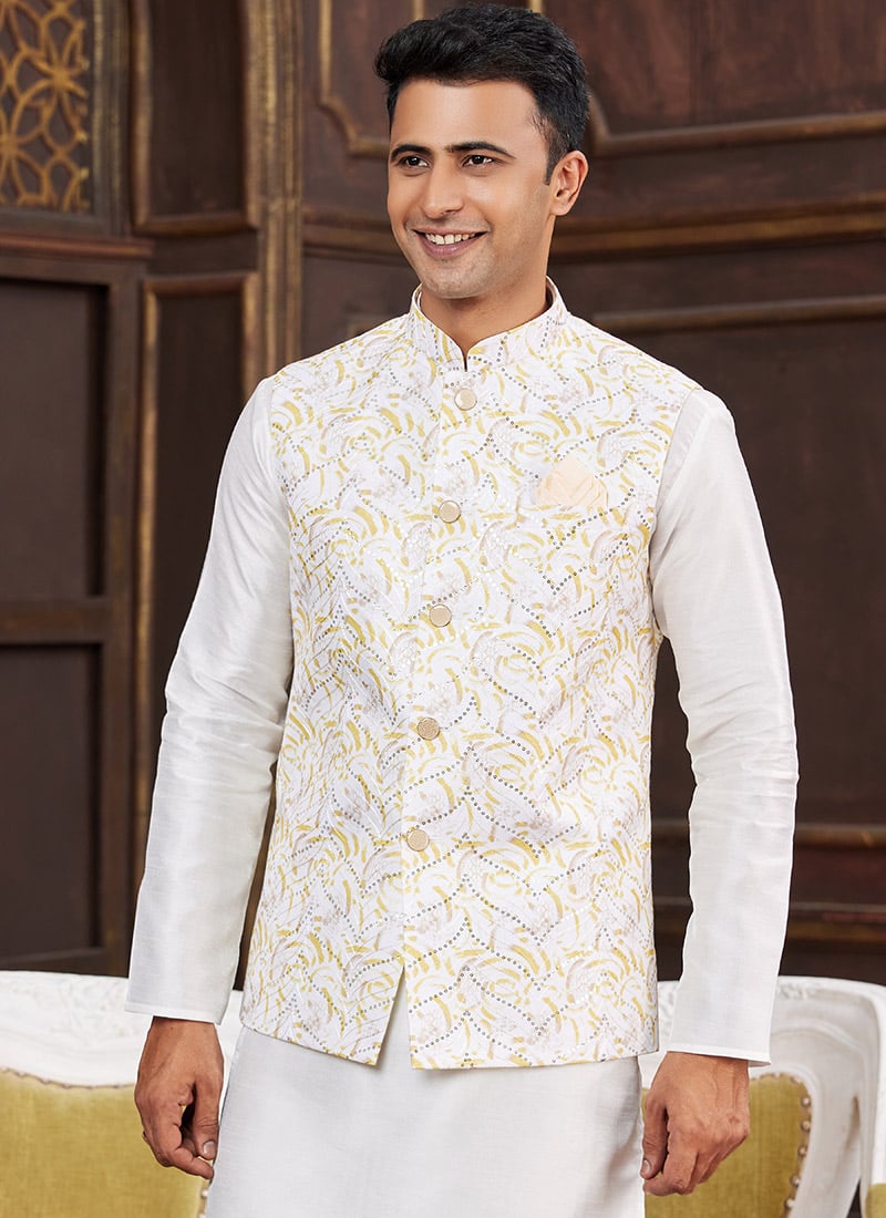 White Silk Sequins Bandhgala Jacket
