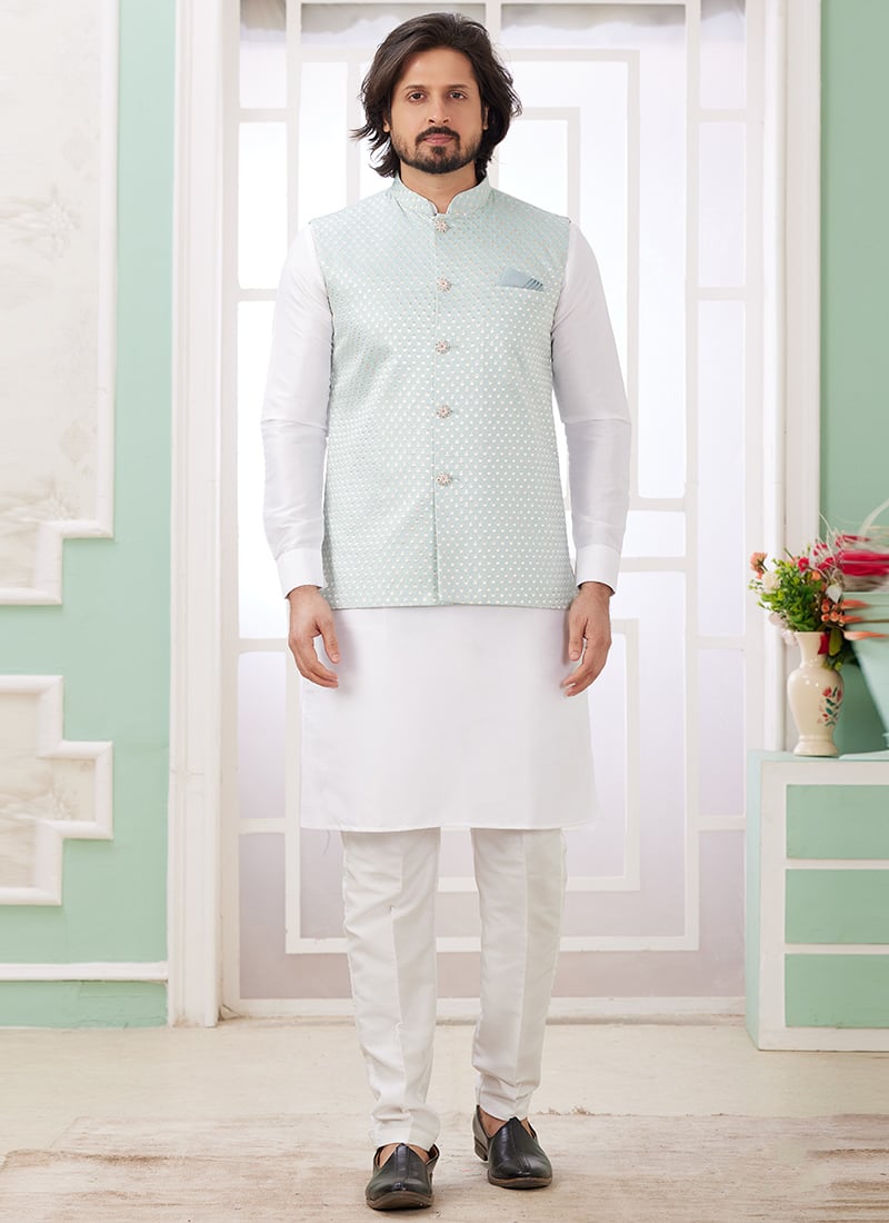 White Silk Sequins Bandi Set Festive Wear