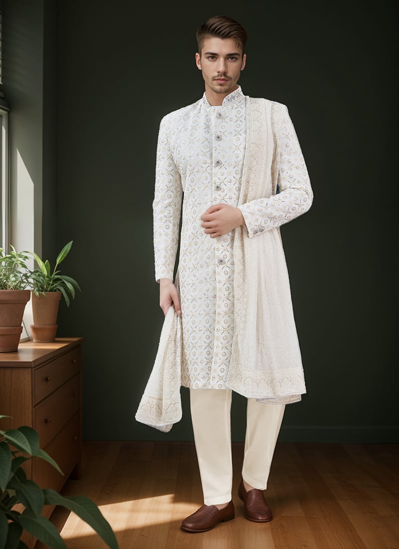 White Silk Sequins Classic Sherwani Wedding Wear