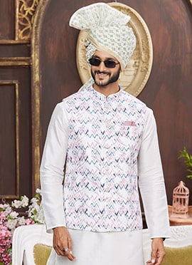 White Silk Sequins Digital Print Bandhgala Jacket