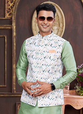 White Silk Sequins Digital Print Bandhgala Jacket