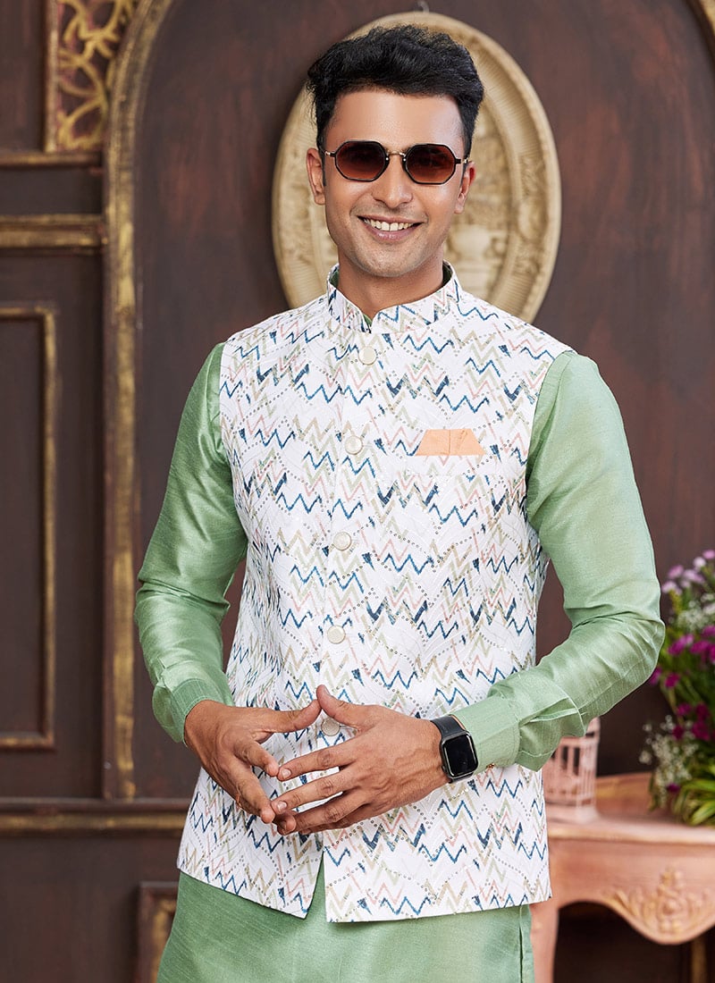 White Silk Sequins Digital Print Bandhgala Jacket