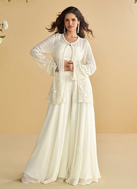 White Silk Sequins Embroidered And Beads Palazzo Set