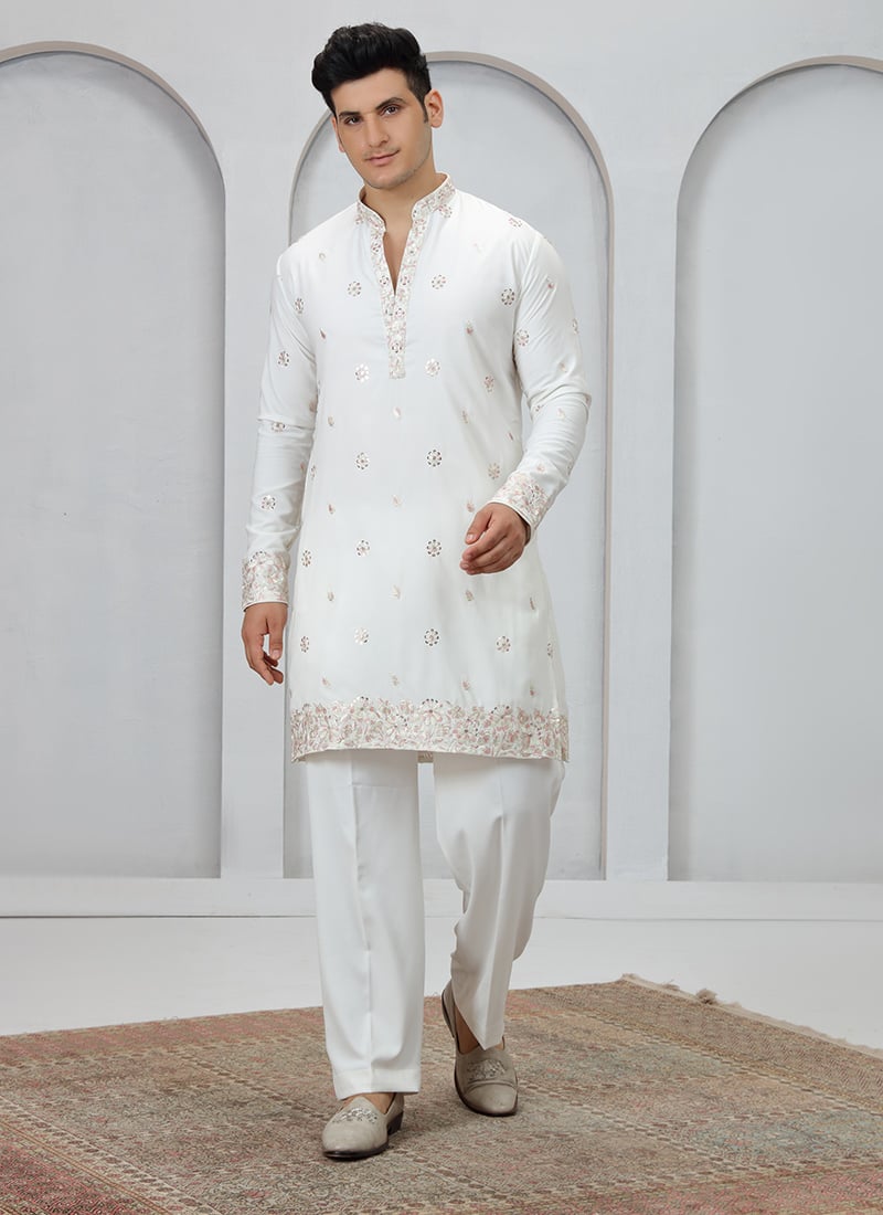White Silk Sequins Embroidered Kurta Pyjama Festive Wear