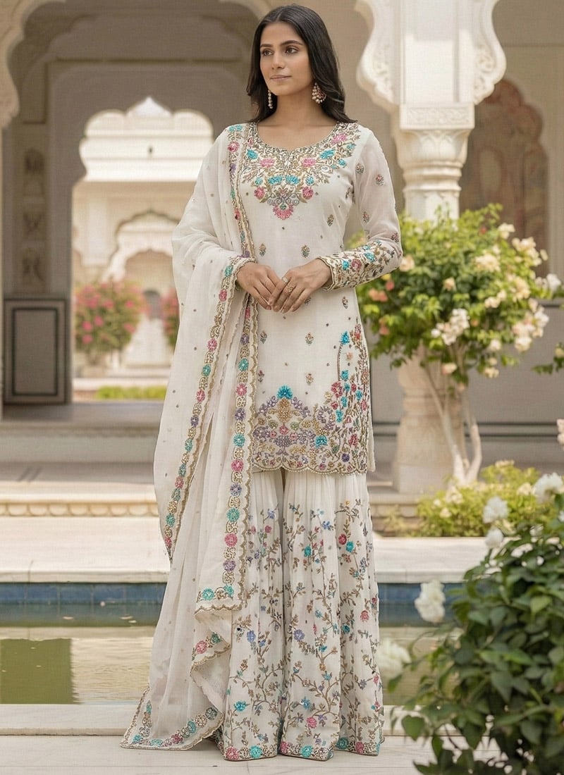 White Silk Sequins Moti Thread Sharara Suit Festive Wear