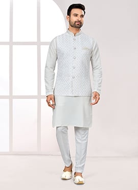 White Silk Sequins Thread Embroidered Bandi Set