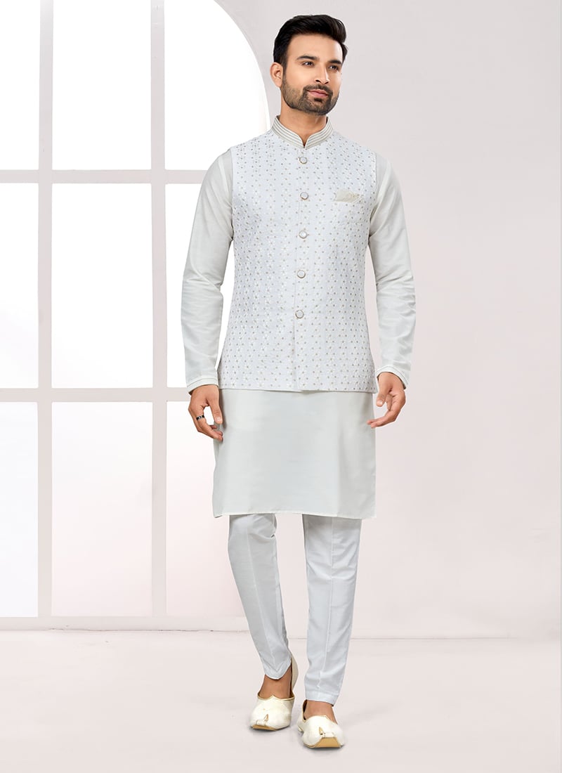 White Silk Sequins Thread Embroidered Bandi Set Festive Wear