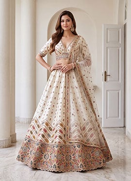 White Silk Sequins Zari Hand Embroidered Lehenga