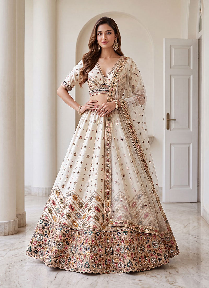 White Silk Sequins Zari Hand Embroidered Lehenga Wedding Wear