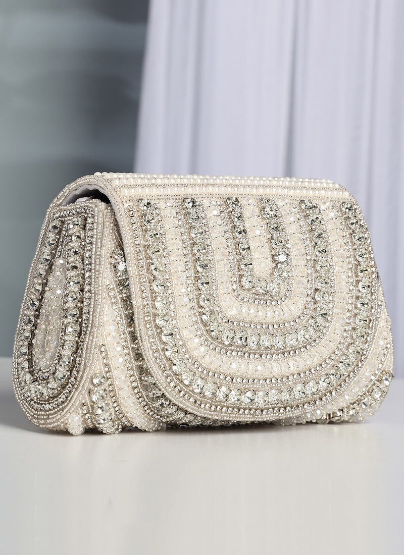 White Silk Stones Clutch Party Wear