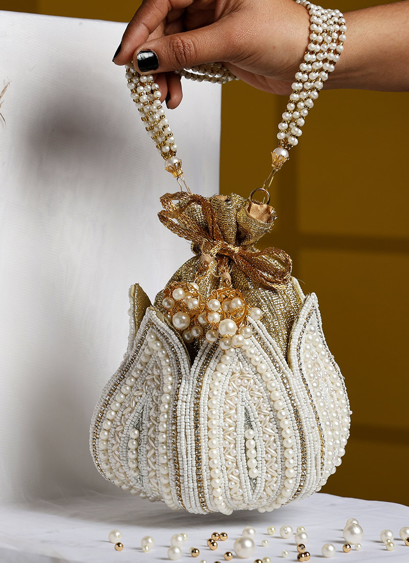 White Silk Stones Potli  Party Wear