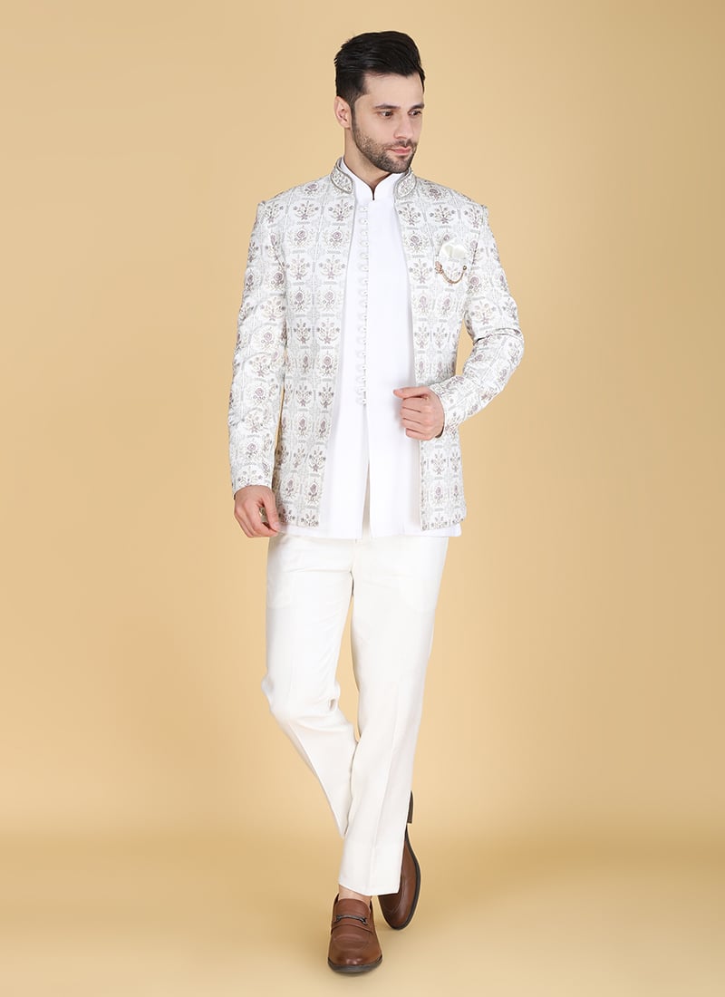 White Silk Thread Cutdana Hand Embroidered Jodhpuri Suit Wedding Wear