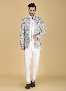 White Silk Thread Jodhpuri Suit