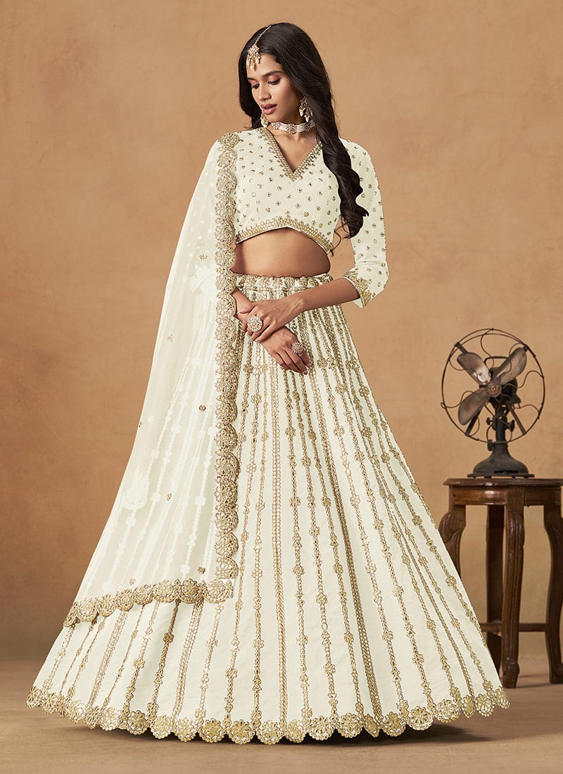White Silk Zari Embroidered Gota Lehenga
