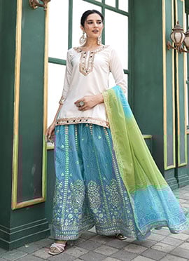 White Silk Zari Embroidered Sequins Bandhini Print Palazzo Suit