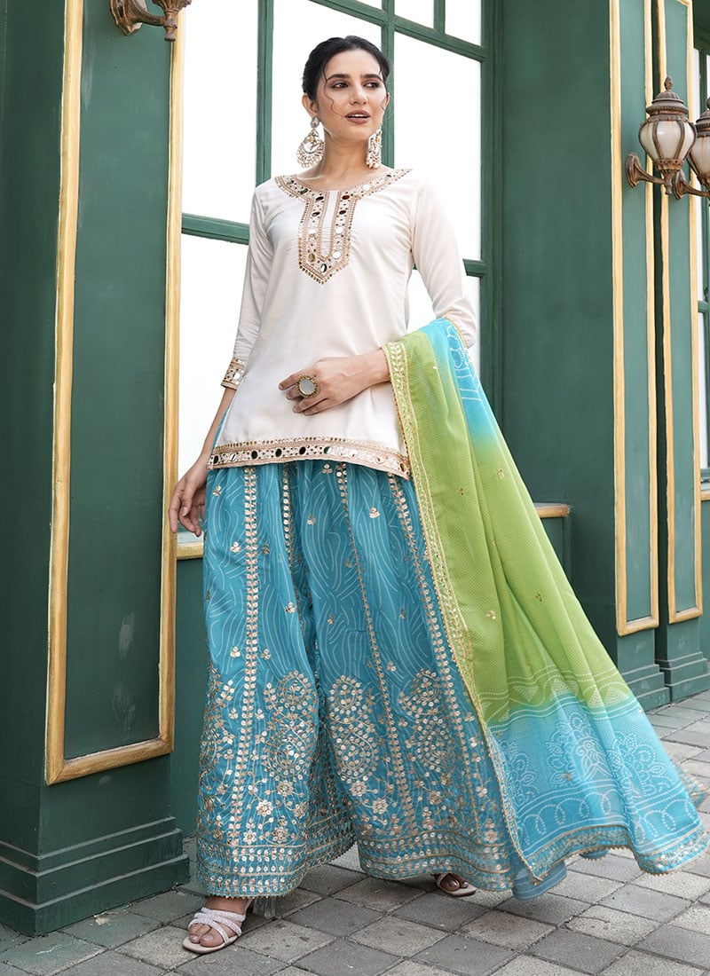 White Silk Zari Embroidered Sequins Bandhini Print Palazzo Suit Festive Wear