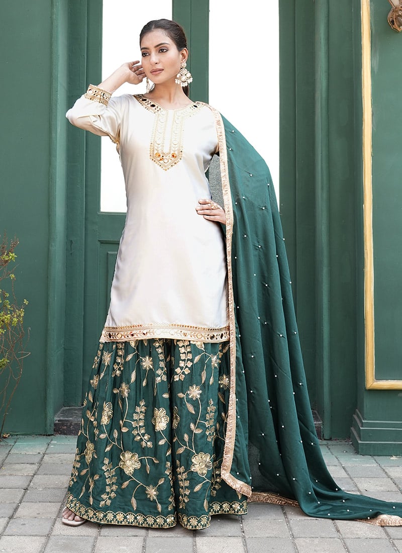 White Silk Zari Embroidered Sequins Sharara Suit Festive Wear