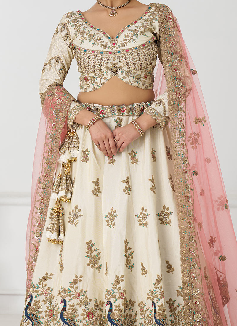 Zari and Aari Embroidered Semi-stitched Silk Lehenga