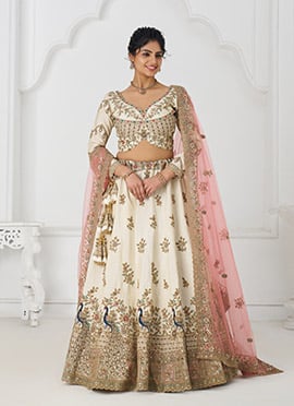 White Silk Zari Embroidered Sequins With Stone Work Lehenga