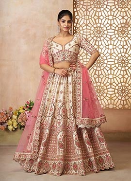 White Silk Zari Embroidered Sequins With Stone Work Lehenga