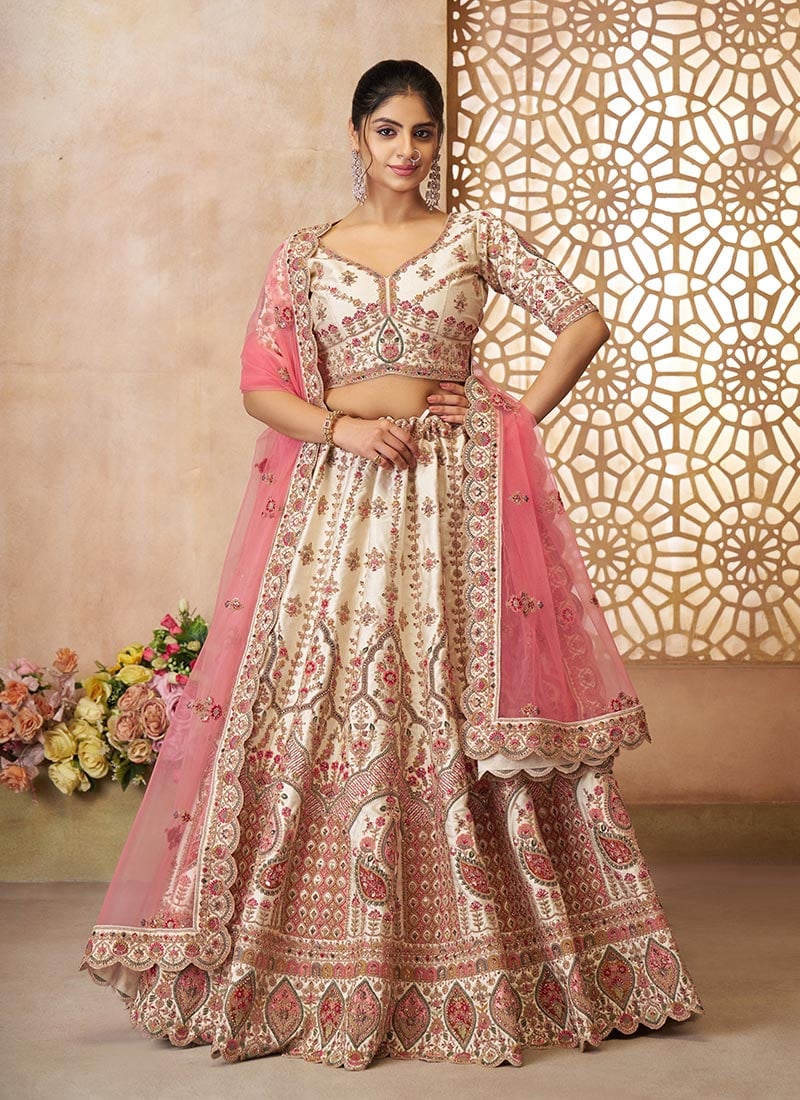 White Silk Zari Embroidered Sequins With Stone Work Lehenga Wedding Wear