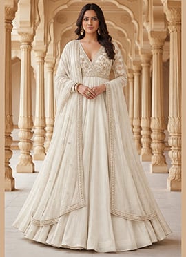 White Silk Zari Sequins Anarkali Suit