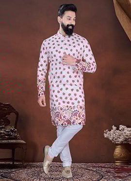 White Soft Cotton Thread Embroidered Sequins Printed Kurta Pyjama