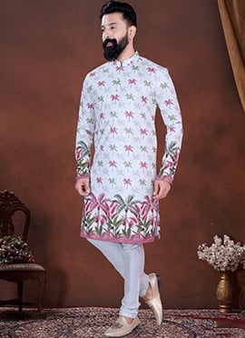 White Soft Cotton Thread Embroidered Sequins Printed Kurta Pyjama