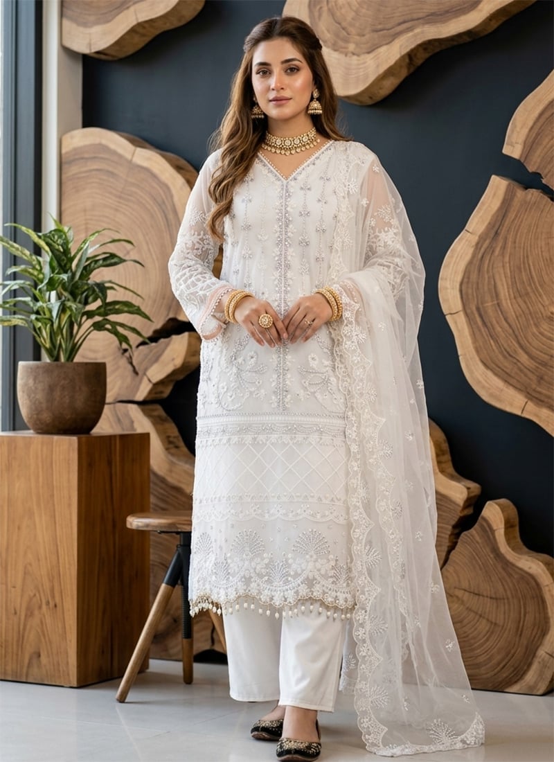 White Soft Net Embroidered Palazzo Suit Festive Wear