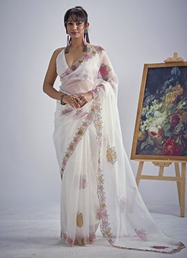 White Soft Organza TissueTikki Work Saree