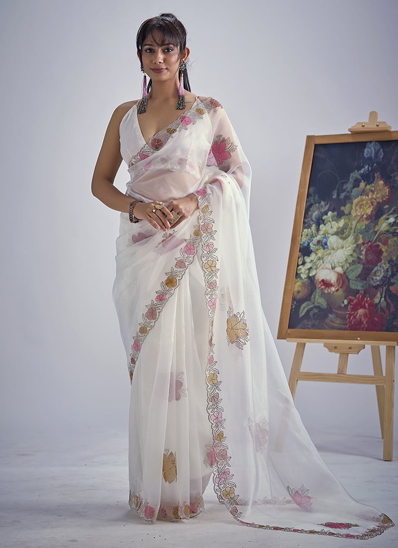 White Soft Organza TissueTikki Work Saree After Six Wear