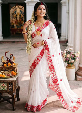 White Soft Rangoli Silk Resham Sequins Embroidered Saree