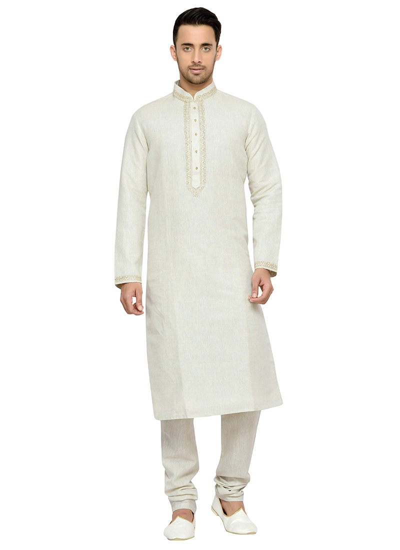Buy White Solid Patterned Pure Linen Kurta Pyjama, Diwali , Party Wear