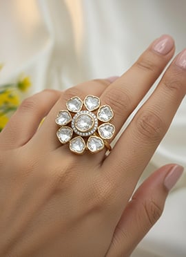 White Stone And Kundan Work Hand Ring For Women