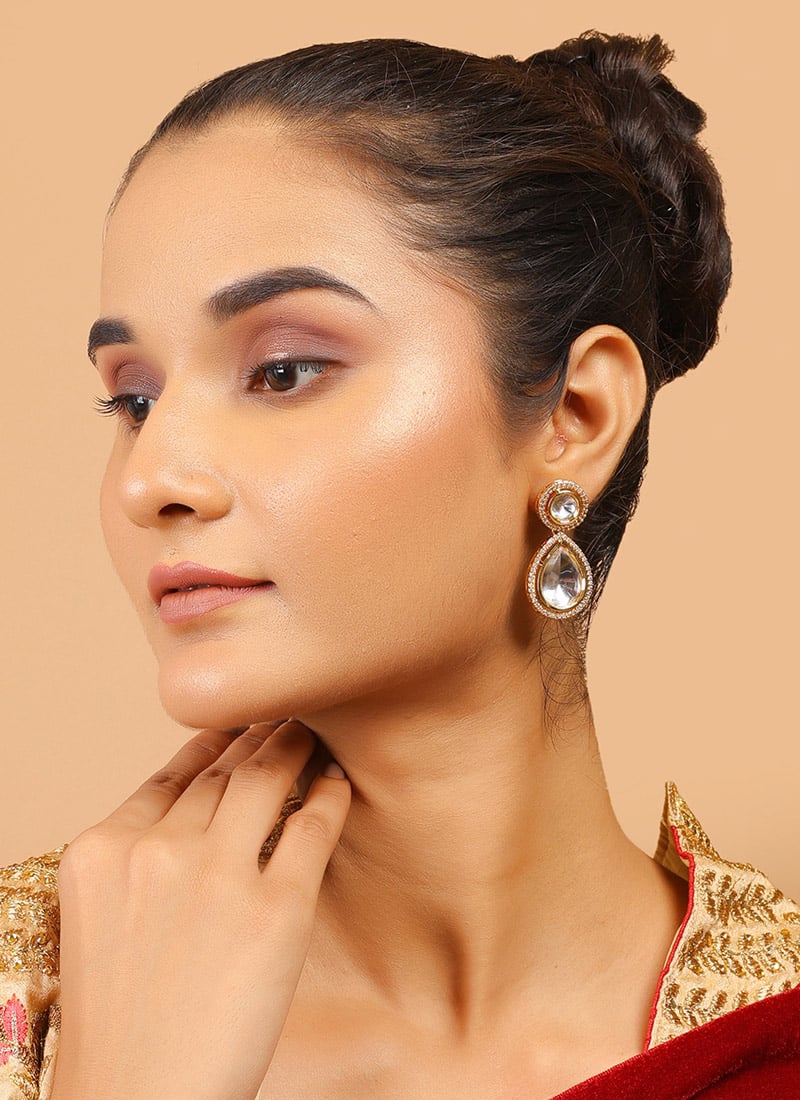 White Kundan Polki Drops Party Wear